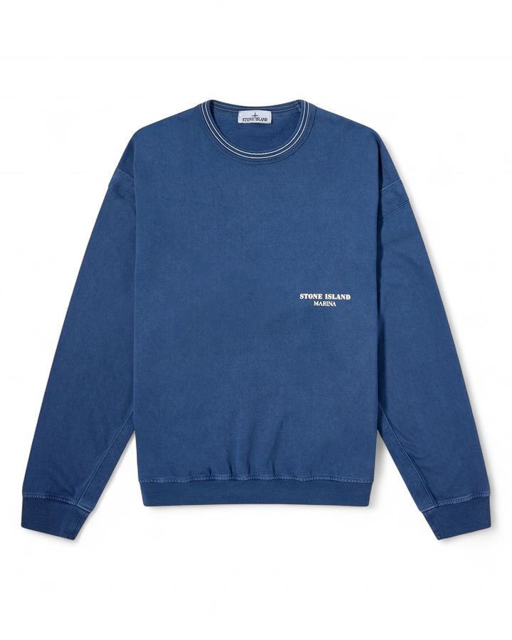 Stone Island Royal Blue Stone Island Marina Overdyed Spellout Cotton Crewneck Jumper — front