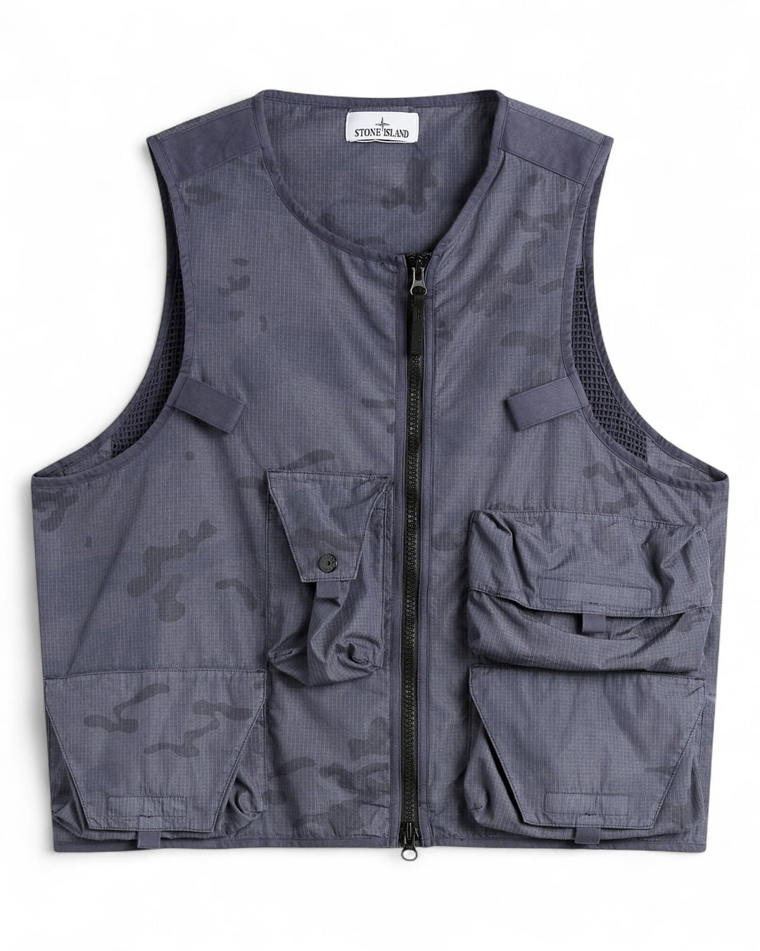 Stone Island Blue Grey Stone Island Utility Waistcoat with Pockets and Anti-Drop Faded Camo Ripstop-TC — front
