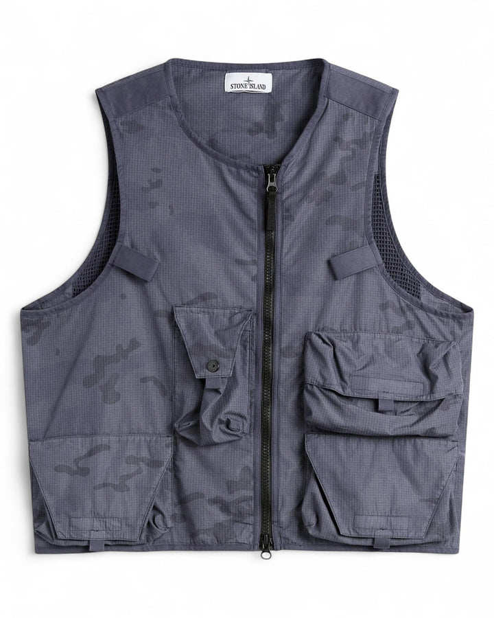 Stone Island Blue Grey Stone Island Utility Waistcoat with Pockets and Anti-Drop Faded Camo Ripstop-TC — front