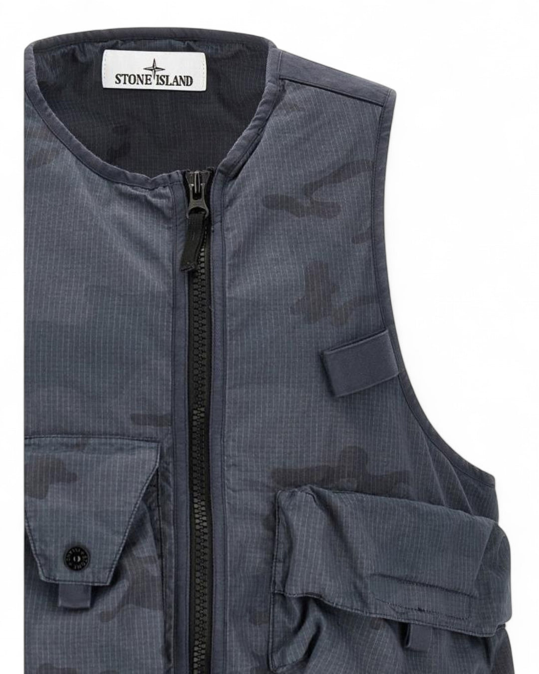 Stone Island Blue Grey Stone Island Utility Waistcoat with Pockets and Anti-Drop Faded Camo Ripstop-TC — front
