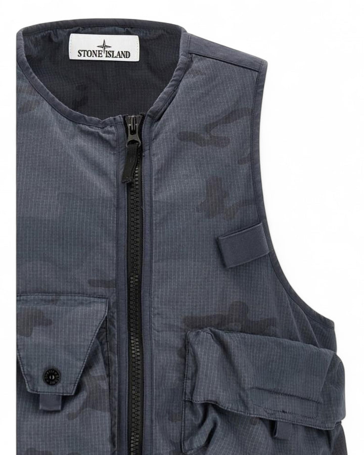 Stone Island Blue Grey Stone Island Utility Waistcoat with Pockets and Anti-Drop Faded Camo Ripstop-TC — front