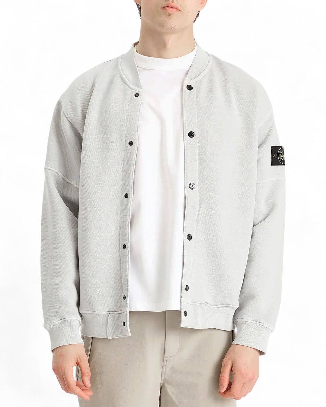 Stone Island Pearl Grey Stone Island Old Effect Fleece Bomber Jacket — front