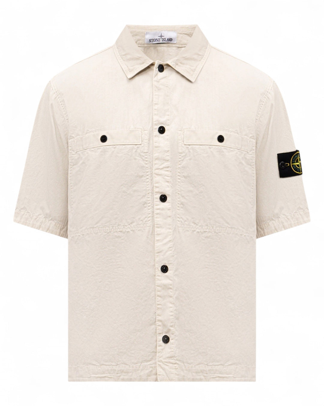 Stone Island Sand Stone Island Brushed Organic Cotton Canvas 'OLD' Effect Short-Sleeve Overshirt — front