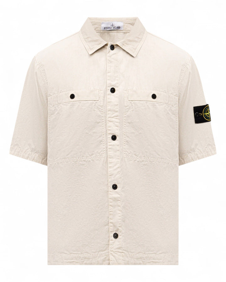 Stone Island Sand Stone Island Brushed Organic Cotton Canvas 'OLD' Effect Short-Sleeve Overshirt — front