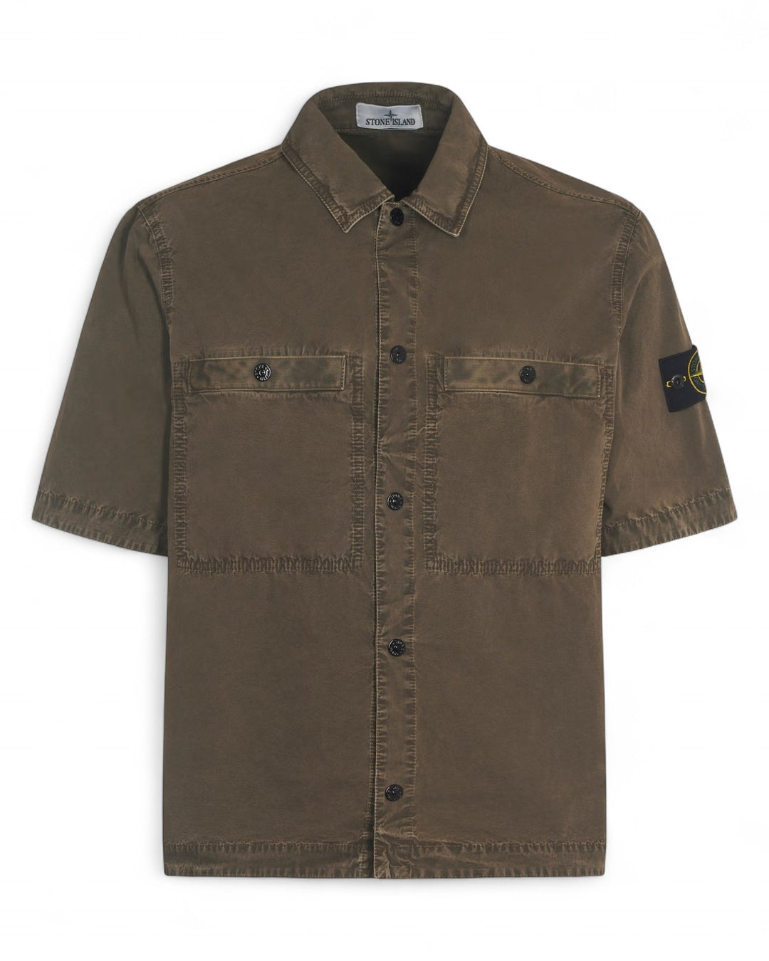 Stone Island Military Green Stone Island Brushed Organic Cotton Canvas 'OLD' Effect Short Sleeve Overshirt — front
