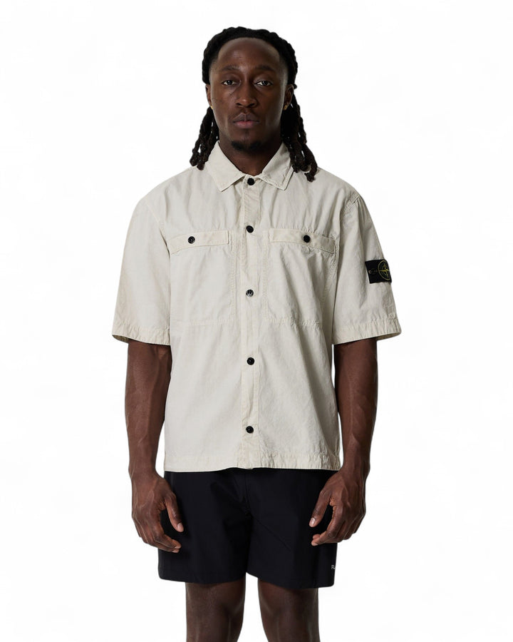 Stone Island Sand Stone Island Brushed Organic Cotton Canvas 'OLD' Effect Short-Sleeve Overshirt — front