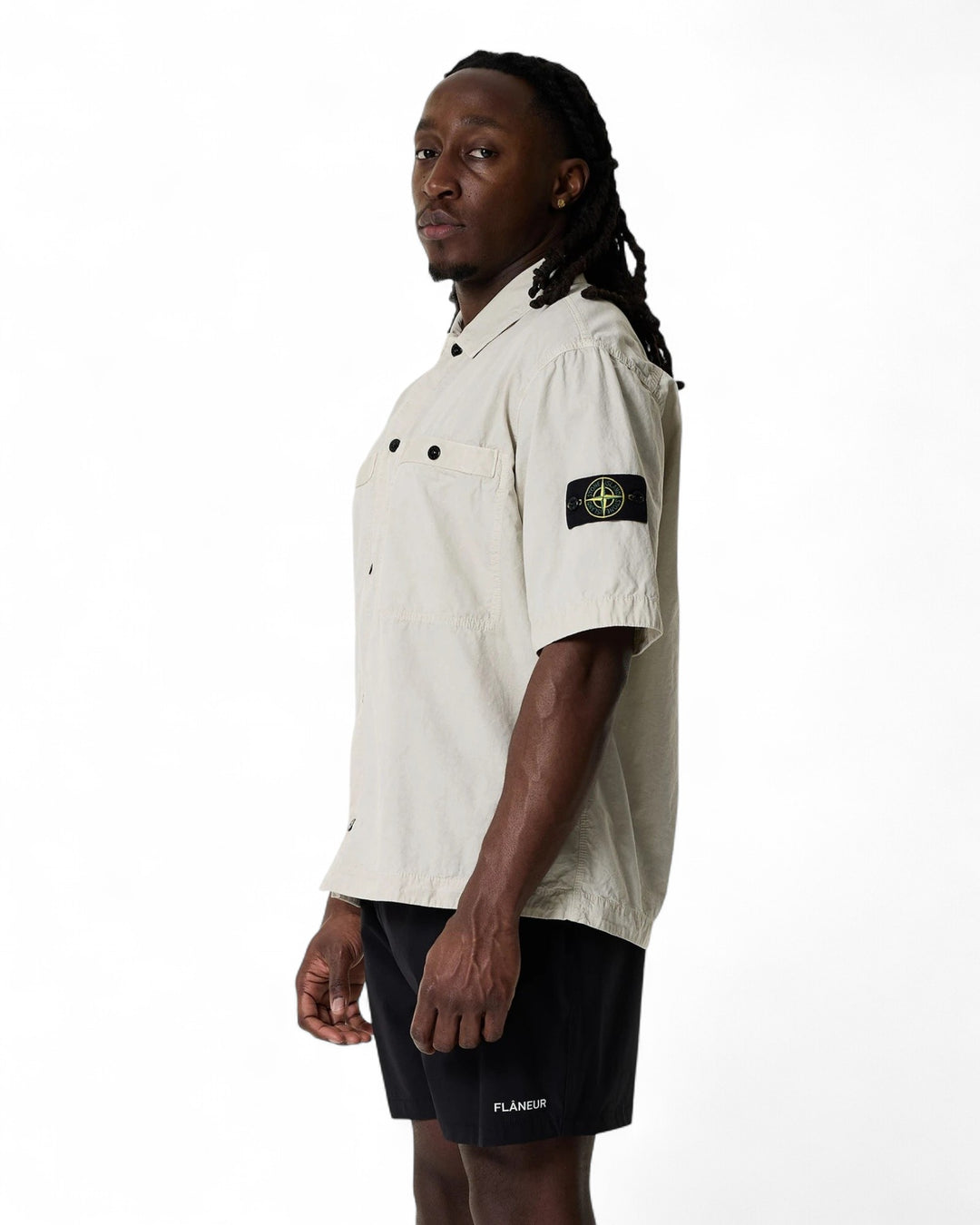 Stone Island Sand Stone Island Brushed Organic Cotton Canvas 'OLD' Effect Short-Sleeve Overshirt — front