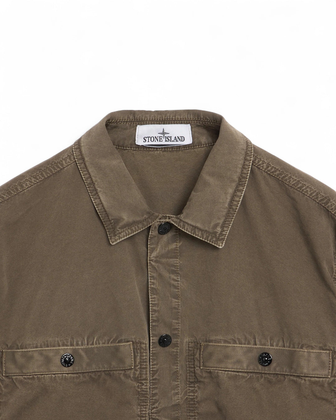Stone Island Military Green Stone Island Brushed Organic Cotton Canvas 'OLD' Effect Short Sleeve Overshirt — front