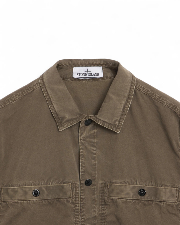 Stone Island Military Green Stone Island Brushed Organic Cotton Canvas 'OLD' Effect Short Sleeve Overshirt — front