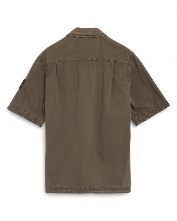 Stone Island Military Green Stone Island Brushed Organic Cotton Canvas 'OLD' Effect Short Sleeve Overshirt — front