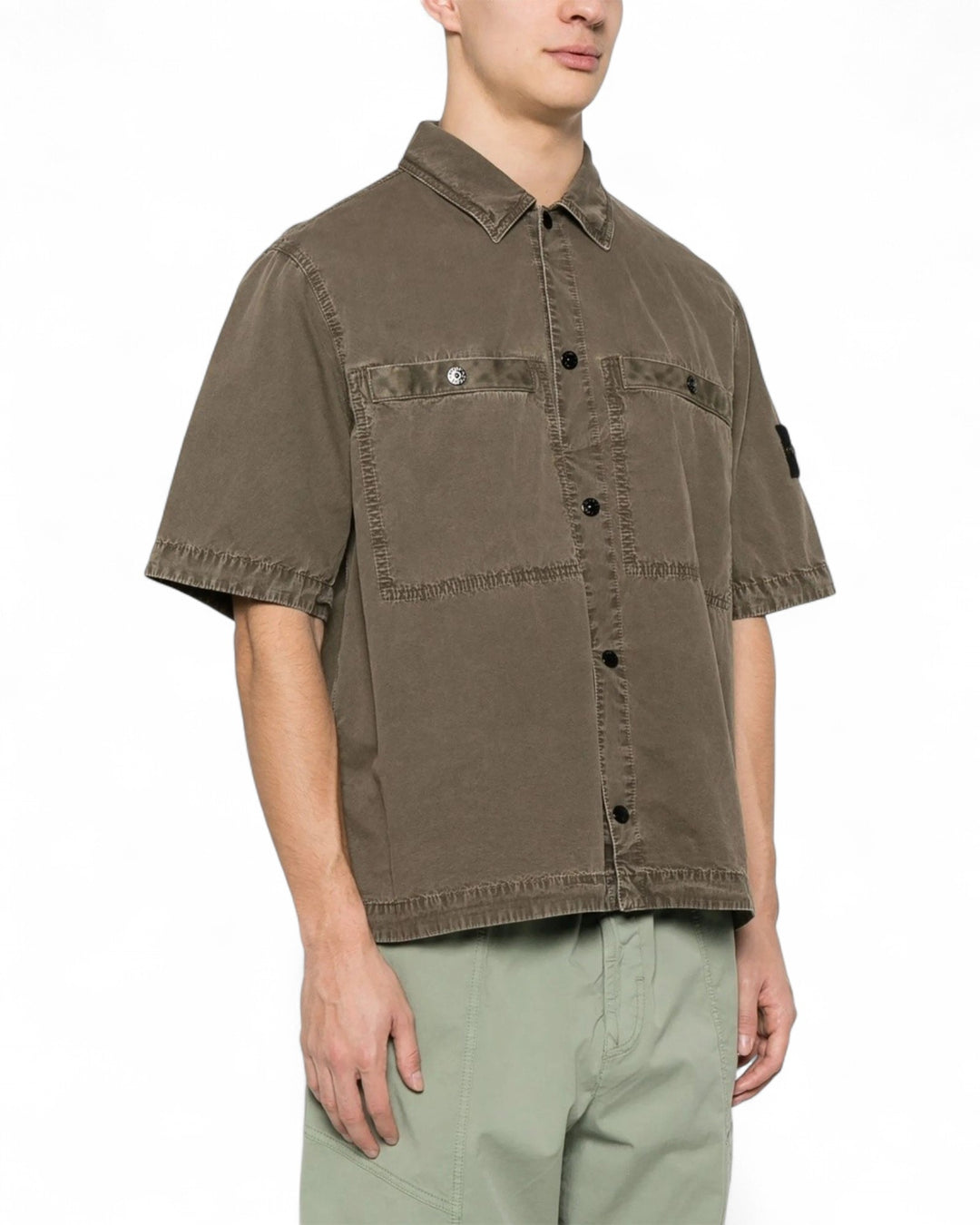 Stone Island Military Green Stone Island Brushed Organic Cotton Canvas 'OLD' Effect Short Sleeve Overshirt — front